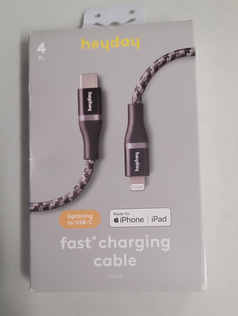 heyday Braided Lightning to USB-C Cable — Black and Gray 4ft
